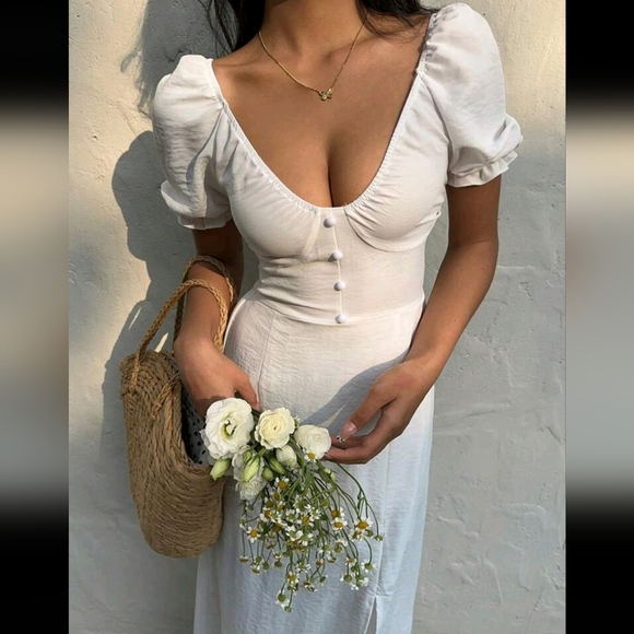 Pure White Deep V-Neck Puff Sleeve Slit Dress For Women - Picture 1 of 4